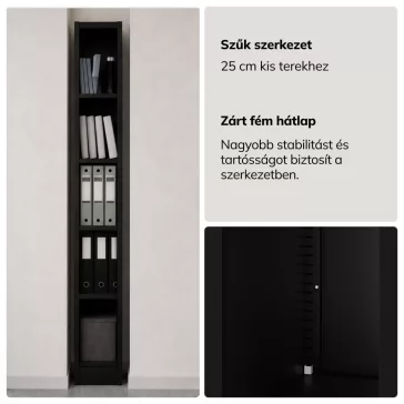Keskeny fém irattároló polc dokumentumokhoz fekete: TIM 250 x 1950 x 450 mm