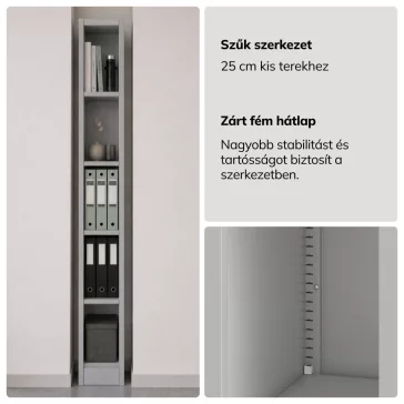 Keskeny fém irattároló polc dokumentumokhoz szürke: TIM 250 x 1950 x 600 mm