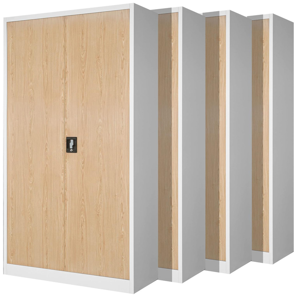 Image of 4er Set Aktenschrank C001 Metallschrank Stahlschrank Werkzeugschrank 185 cm x 90 cm x 40 cm weiß-holz